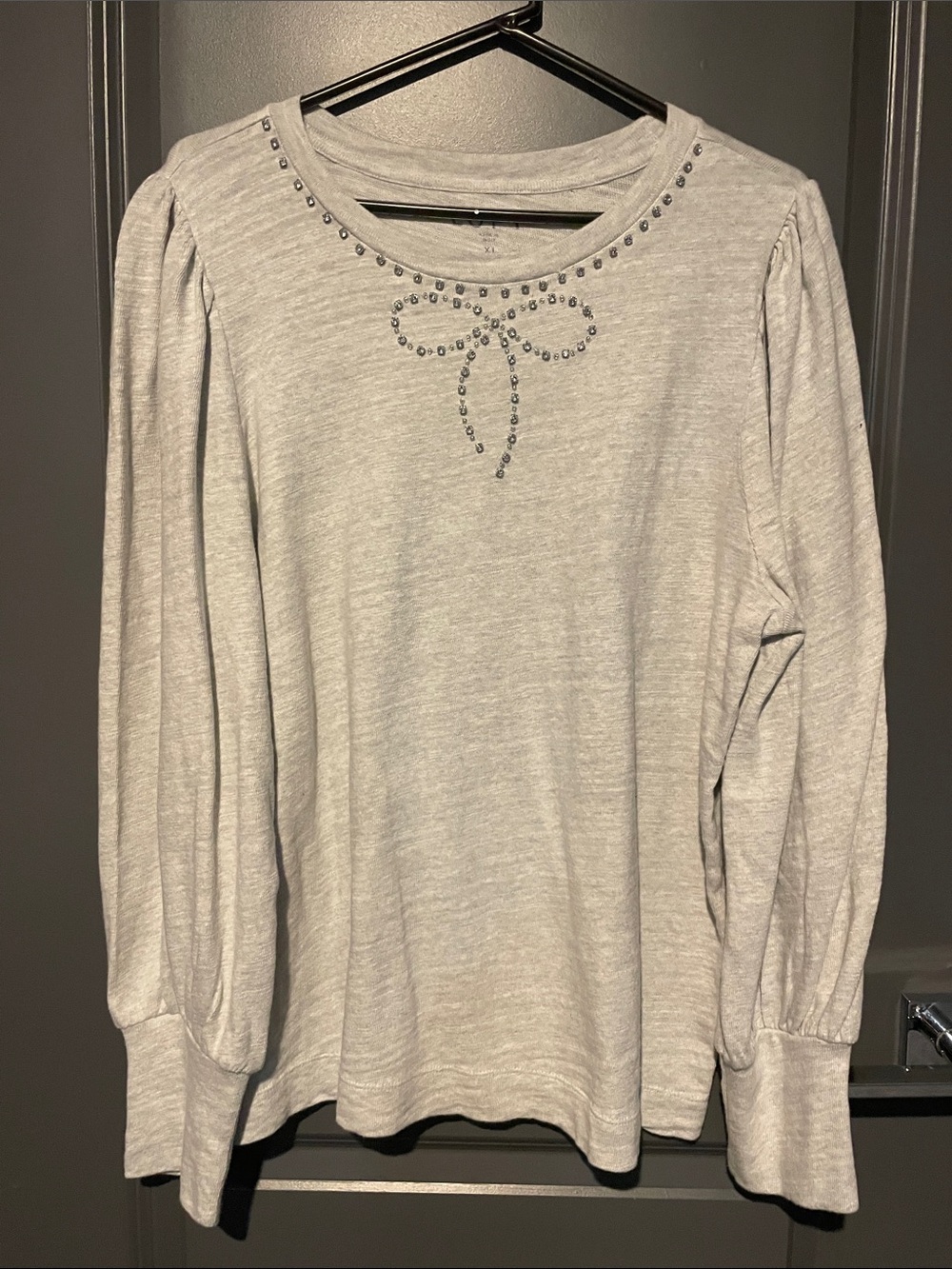 LOFT Light Gray Long Sleeve Tee with Rhinestone Bow